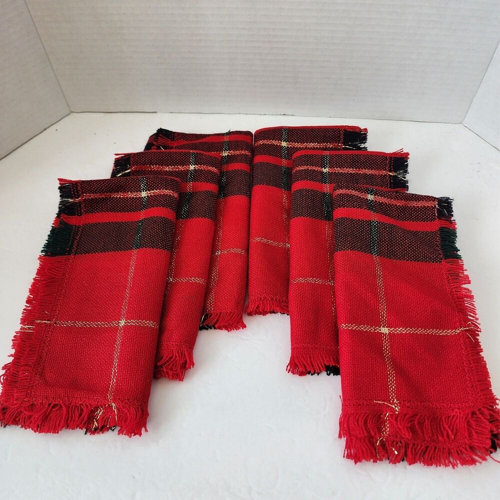 Vintage Christmas Napkins Plaid Tartan Set Of 6 Red/Green/Gold Holiday Table